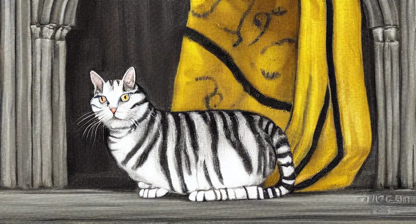 Image similar to oil painting extreme wide shot of a white and grey tabby cat wearing a black yellow striped hufflepuff scarf, in the Gloucester Cathedral cloisters, digital painting, high detail, award-winning, playful