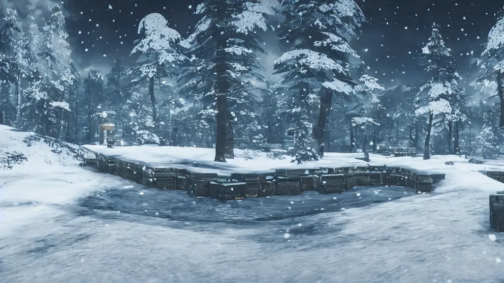 Image similar to beautiful Nier Automata landscape at a ski station, winter