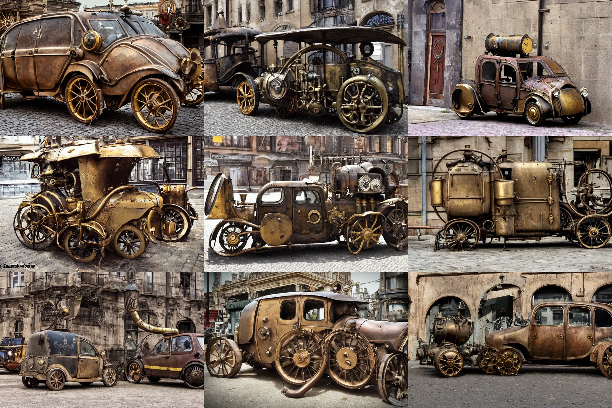 Prompt: steampowered Renault sandero in the steampunk city. Brass pipes and weathered metal. Dials and ssteam, water tanks