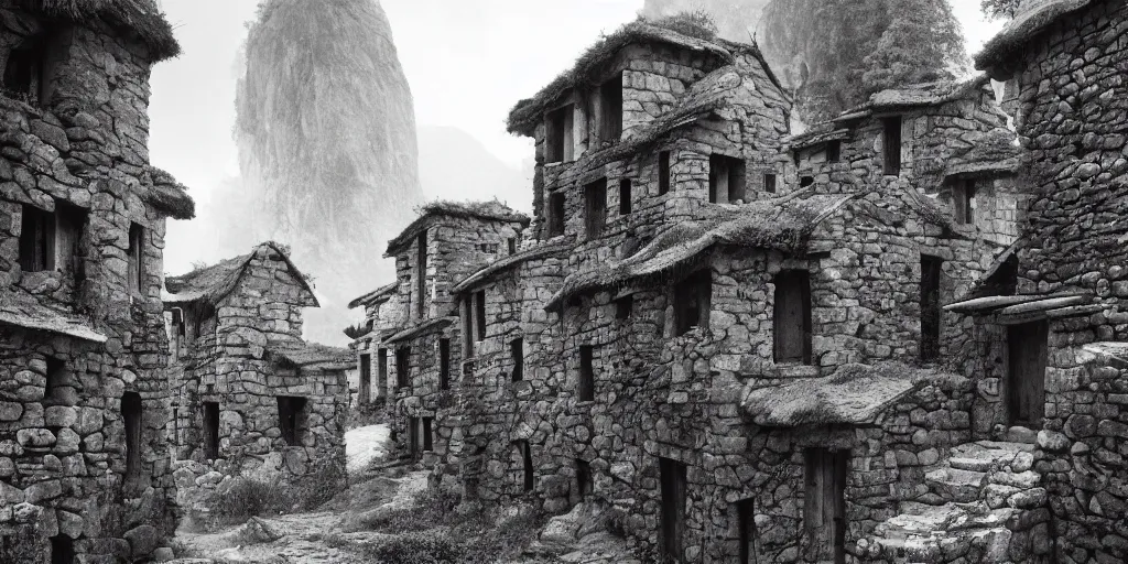 Prompt: long and tall organic stone houses, stone village, jungle, black and white photography, year 1 9 0 0, artstation, digital art