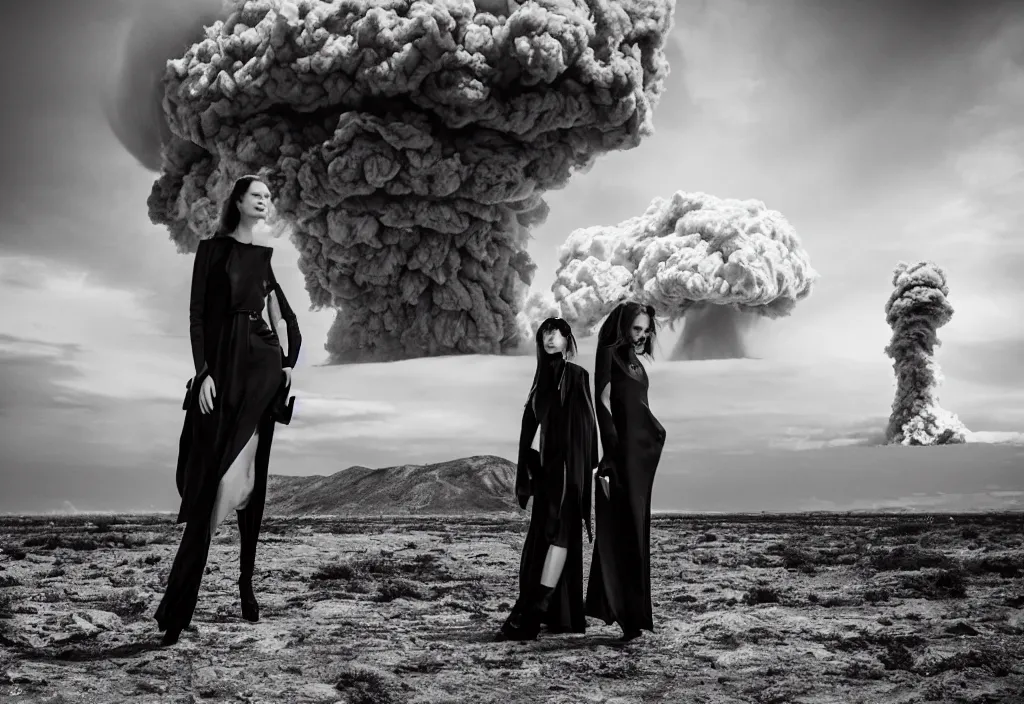 Image similar to fashion editorial in front of nuclear explosion cloud. wide angle shot. highly detailed. depth of field. high definition. 8k. photography.