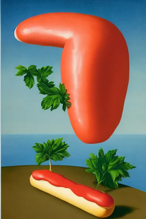 Image similar to Rene Magritte's Son Of Man painting with a floating pink hotdog blocking the face, the hotdog has a stem and leaves and is growing more unripe hotdogs on the hotdog vine