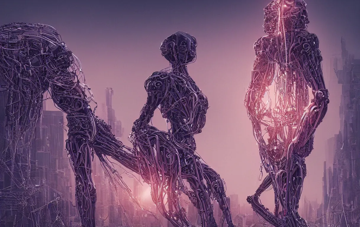 Image similar to award winning portrait of a crucified gargantuan female biomorphic cyborg goddess queen in the style of death stranding, neon genesis evangelion, with intricate energy core connecting to a futuristic downtown city, mightnight by artgerm, jean moebius giraud, yoshitaka amano, beeple, greg rutkowski. octane render.