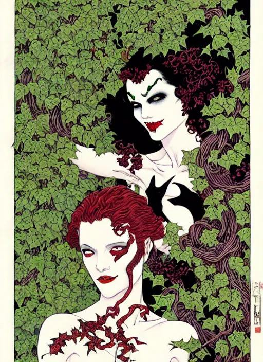 Image similar to poison ivy has the joker tied up in vines, intricate, art nouveau, art by takato yamamoto