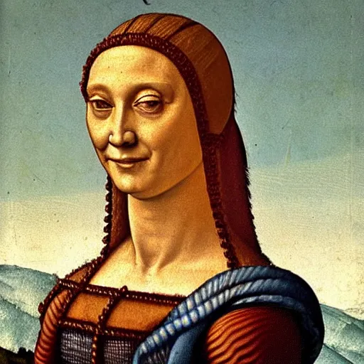 Prompt: Portrait of a smiling Italian woman with arms crossed, against a distant landscape background, 1505. Oil painting by Leonardo da Vinci.