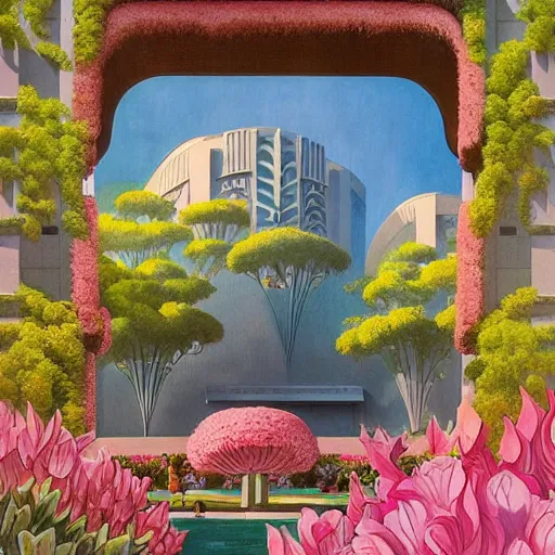 Prompt: a painting of an art deco building surrounded by flowers, a watercolor and matte painting by beeple and rhads and maxfield parrish, cgsociety, artdeco, dystopian art, sci - fi, artstation hq