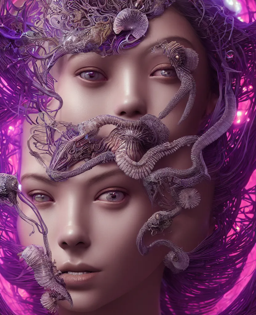 Image similar to goddess close-up portrait of princess face and ram skull. eyes. jellyfish phoenix head, nautilus, orchid, skull, betta fish, bioluminiscent creatures, intricate artwork by Tooth Wu and wlop and beeple. octane render, trending on artstation, greg rutkowski very coherent symmetrical artwork. cinematic, hyper realism, high detail, octane render, 8k