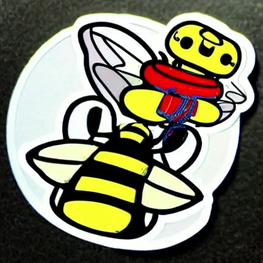 Image similar to a sticker of a cute robotic bee, dreamworks style