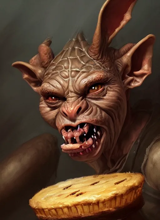 Image similar to portrait of a medieval goblin eating cakes, beautiful face, hyper realistic, highly detailed, digital painting, artstation, illustration, concept art by hyung tae and frank frazetta, digital paint, matte paint, washed colors, dark, gloomy