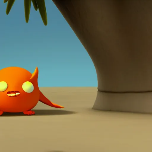 Image similar to final render made with blender of a cute yellow and orange kawaii demon with slow eyes and little fangs standing on a beach, by pixar and studio ghibli