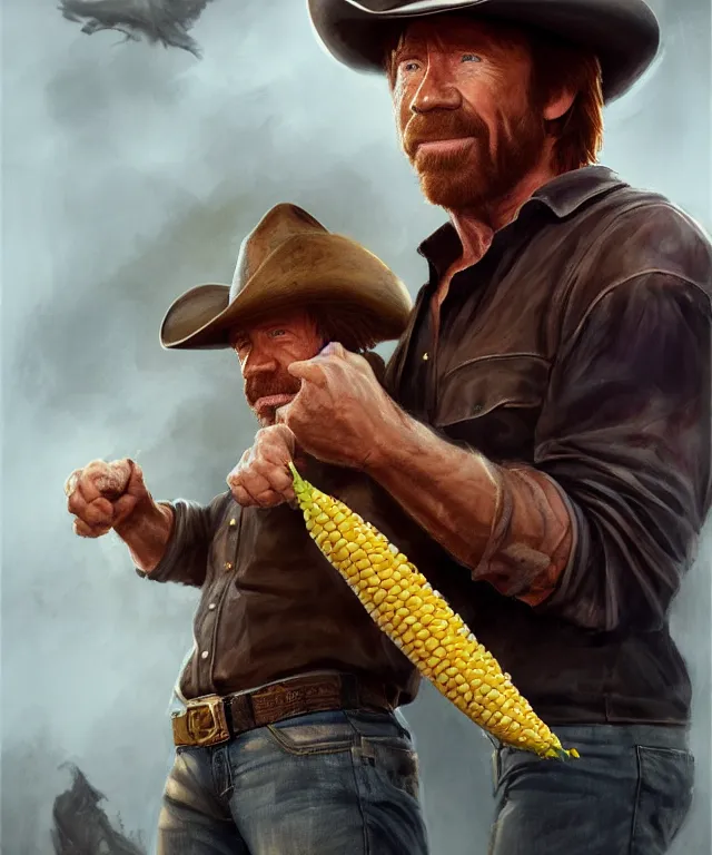 Prompt: chuck norris, cinematic, wearing a cowboy hat, holding a giant corn, elegant, highly detailed, digital painting, artstation, smooth, hard focus, illustration, art by jessica rossier and and brian froud