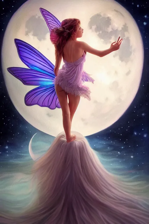 Image similar to attractive fairy magically floating high in the night, fantasy, full moon in background. highly detailed painting by artgerm, mid shot, 8 k