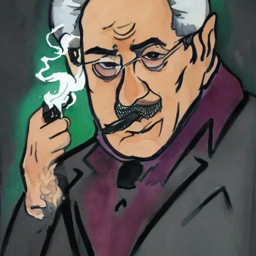 Image similar to portrait of old gray - haired smart mexican magician smoking a pipe, lots of smoke. watercolor with pancil by hugo pratt.