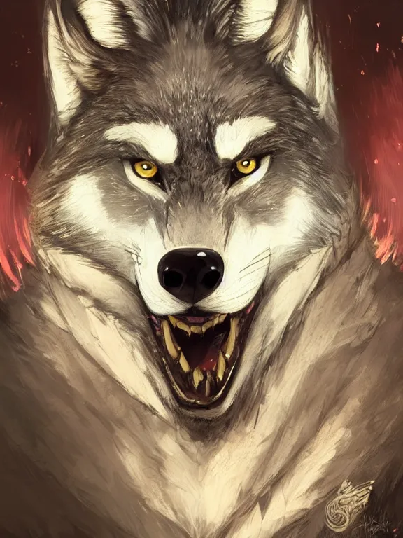 Image similar to 3/4 headshot of cute anthro wolf man, handsome, fantasy, intricate, long muzzle, wolf ears, fursona, black fur, elegant, highly detailed, digital painting, artstation, concept art, smooth, sharp focus, illustration, art by artgerm and greg rutkowski and alphonse mucha red wall in background