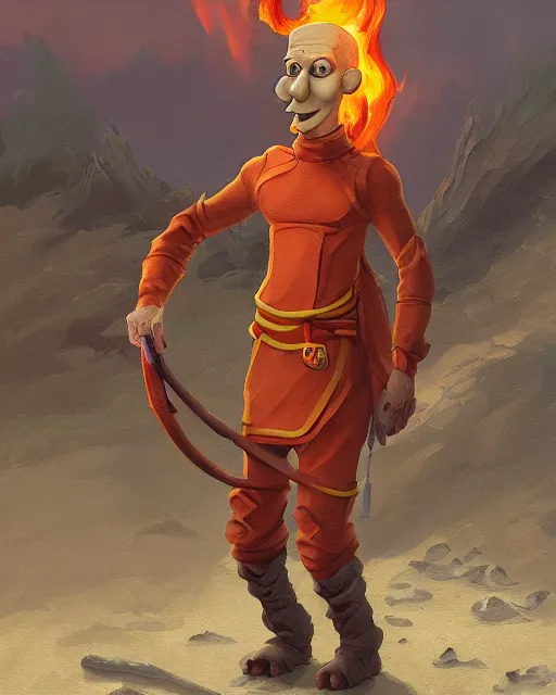 Image similar to [ [ squidward ] ] wearing fire nation clothing and practicing firebendingoutside at susnset, oil painting, highly detailed, intricate, hd, sharp focus, photorealistic, by moebius and greg rutkowski, trending on artstation, trending on cgsociety, realistic shading and lighting