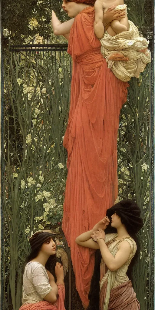 Image similar to at the gate of the temple by john william godward painted by alphonse mucha