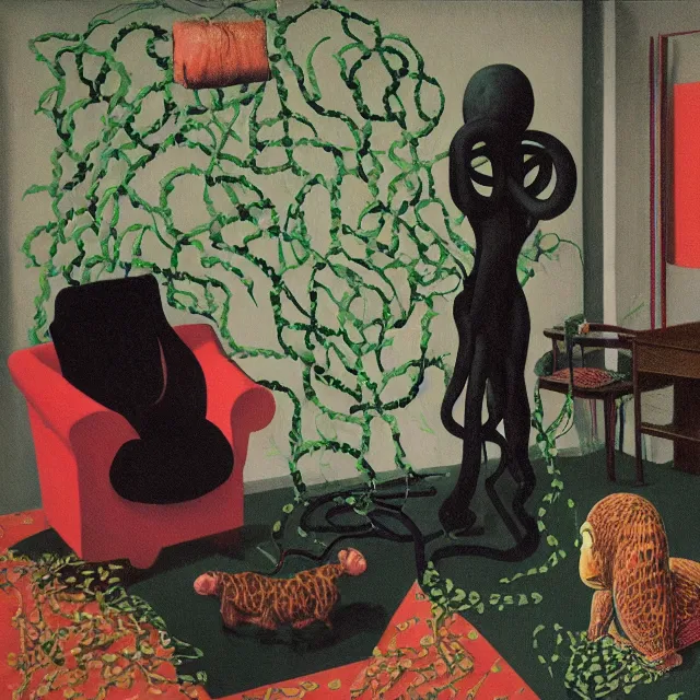 Image similar to a female pathology student in her apartment, wrapped in vines, medical equipment, stepping stones, octopus, pig, parrot, black walls, ikebana, black armchair, sculpture, acrylic on canvas, surrealist, by magritte and monet