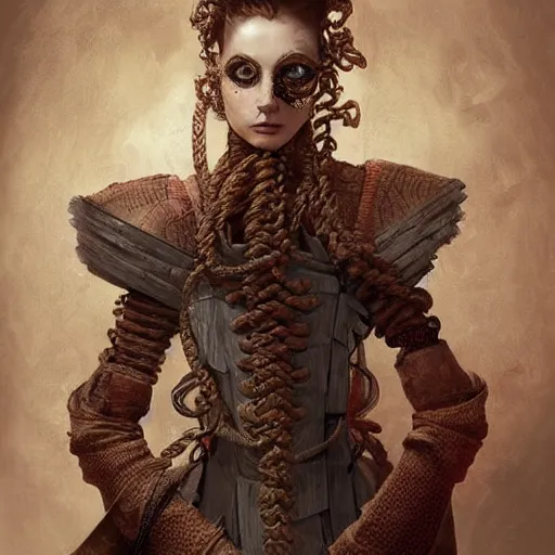 Image similar to portrait of a Shibari rope wrapped face and neck, headshot, insanely nice professional hair style, dramatic hair color, digital painting, of a old 15th century, old cyborg merchant, amber jewels, baroque, ornate clothing, scifi, realistic, hyperdetailed, chiaroscuro, concept art, art by Franz Hals and Jon Foster and Ayami Kojima and Amano and Karol Bak,