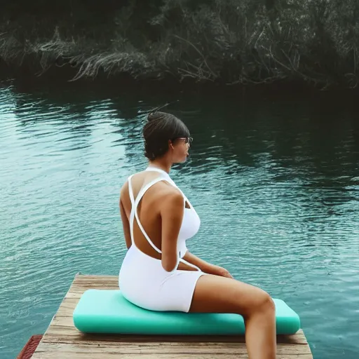 Prompt: photograph of a woman, slender, wearing a mint green one-piece swimsuit, wearing a white bathing, sitting on a wood dock, medium closeup, looking at the camera, Kodak Portra film 800, Leica M6 film camera, medium film grain, trending on instagram