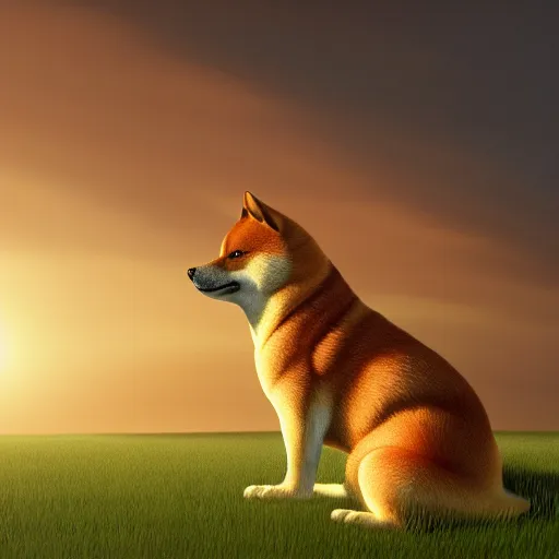 Image similar to The profile of a Shiba Inu sitting in the field, shining golden in the setting sun, illustration, trending on artstation, highly detailed