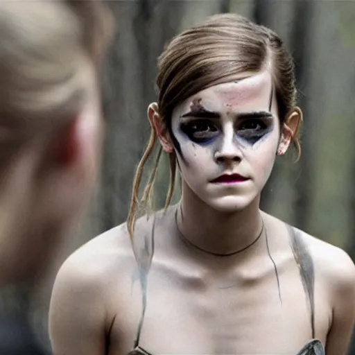 Prompt: movie still of emma watson in the 1 0 0 ( tv series ), tribal face paint, close up