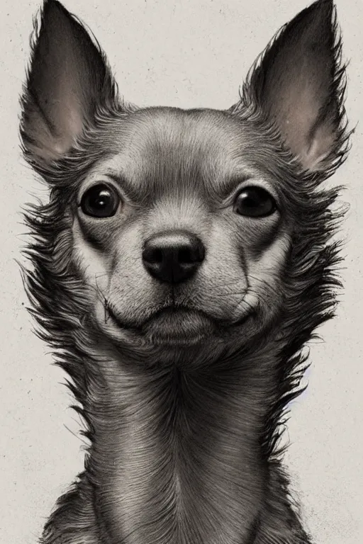 Image similar to God had dog Chihuahua's head, a radiant halo and crown, detailed face, gorgeous, very muscular male body, partial anatomy, stormy background, delicate and intricate borders for decoration, caesar victorious, proud Emperor, character close-up, intricate, highly detailed, 8K, digital painting, fantasy, concept art, sharp focus, art by greg rutkowski beeple and alphonse mucha