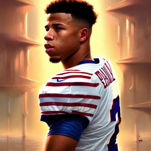 Image similar to highly detailed portrait of saquon barkley wearing a ny giants football shirt, unreal engine, fantasy art by greg rutkowski, loish, rhads, ferdinand knab, makoto shinkai and lois van baarle, ilya kuvshinov, rossdraws, tom bagshaw, global illumination, radiant light, detailed and intricate environment h 6 0 4