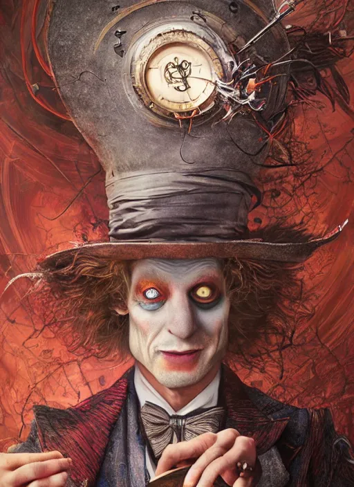 Image similar to mad hatter the magician tarot card, highly detailed, cinematic, 8 k, by stanley artgermm, tom bagshaw, greg rutkowski, carne griffiths, ayami kojima, beksinski, giger, trending on deviantart, hyper detailed, horror, full of colour