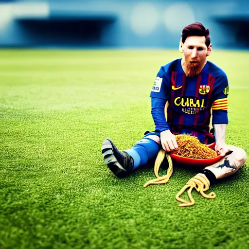 Prompt: lionel messi eating spaghetti, depth of field, photography, isometric, wide shot, studio, bokeh, gmaster,, kodak, sony, canon