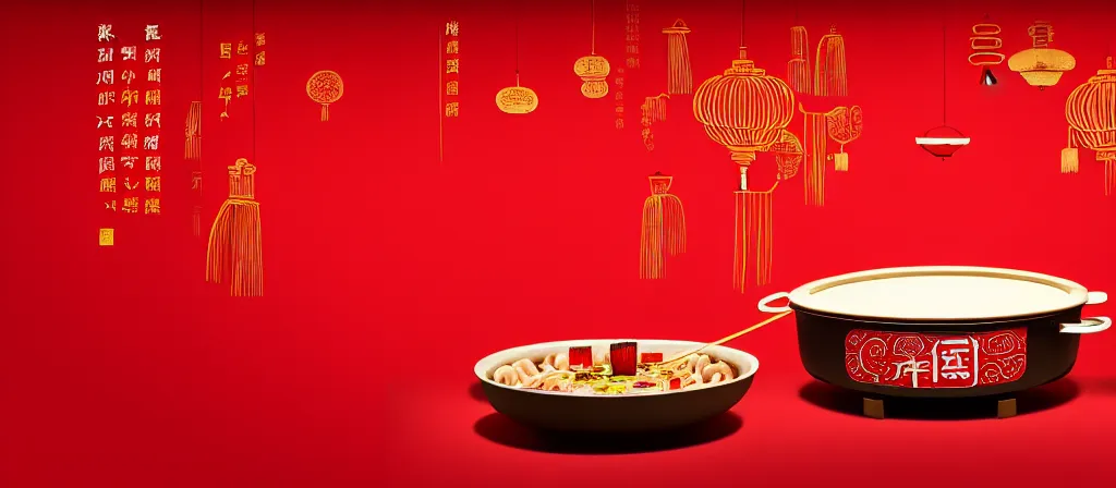 Image similar to a beautiful simple 4 k hd red wall paper illustration of roasted string hotpot, red wallpaper design, simple style, gourmet style, commercial kebab hotpot wallpaper display, wall painting, from china, with merchant logo, simple structure, surrealistic, chinese style, victo ngai, james jean, denoise, deblurring