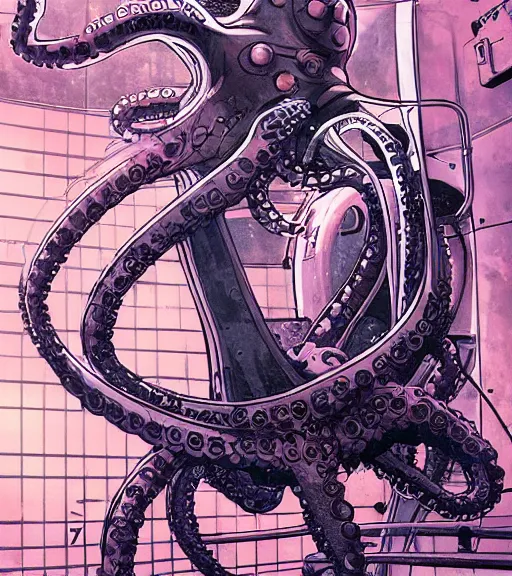 Image similar to a cybernetic realistic octopus in a space station, techwear, Industrial Scifi, detailed illustration, character portrait, by Ashley Wood and Moebius