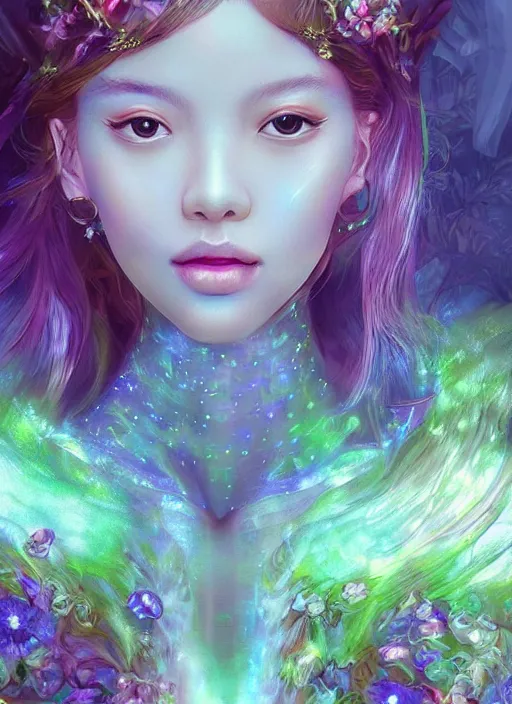 Image similar to portrait of a seductive Lalisa Manobal as a Celestial Goddess of a futuristic pearlescent holographic, captivating look, inside future fighter, sci-fi, fantasy, intricate, lush garden spaceship with sakura season flowers in Kyoto Japan, elegant, human anatomy, royal green and nature light, highly detailed, digital painting, artstation, concept art, smooth, sharp focus, illustration, art by Ryan meinerding, masterpiece, 3d blender