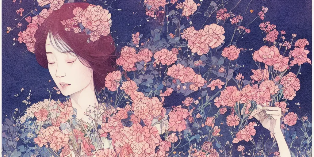 Prompt: a beautiful intricate watercolor illustration of a girl with flowers, 4 k, ultra - wide angle, by victo ngai, by miho hirano, by moebius, by edmund dulac, hd, trending on artstation, hyper detailed, muted intense colors