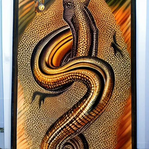 Image similar to naga serpent god airbrush painting, honeycomb structure, highly detailed, intricate, beautiful craftsmanship, famous artist,