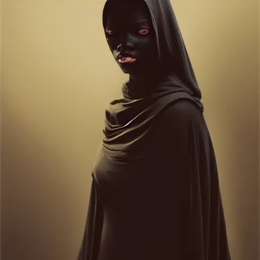 Image similar to a portrait of a young black woman wearing a long dark cloak, hood and shadows covering face, anatomically correct, beautiful perfect face, enigmatic, oil painting, matte painting, black background, Volumetric Golden dappled dynamic lighting, Highly Detailed, Cinematic Lighting, Unreal Engine, 8k, HD, by Beksinski