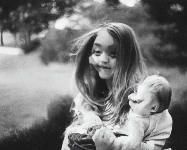 Image similar to a lomographic photo of young women holding her child on hands, year 1 9 7 0, cinestill, bokeh