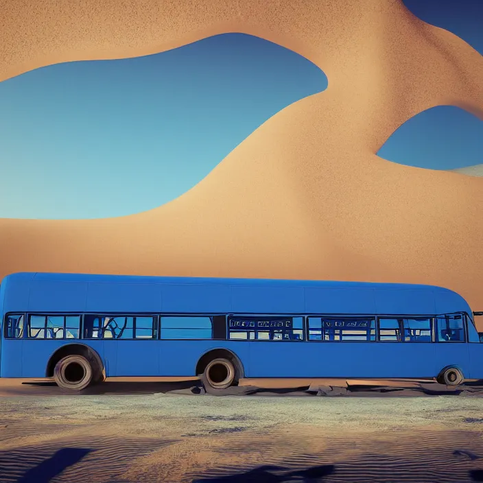 Image similar to Blue bus never stopping, always driving. intricate artwork. in desert, octane render, trending on artstation, very coherent symmetrical artwork. cinematic, hyper realism, high detail, octane render, 8k, iridescent accents