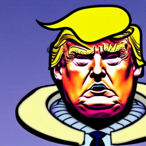 Image similar to donald trump's head as modok, the mental organism designed only for killing, little man in hovering throne, full body, psychic alien with huge head, marvel supervillain character