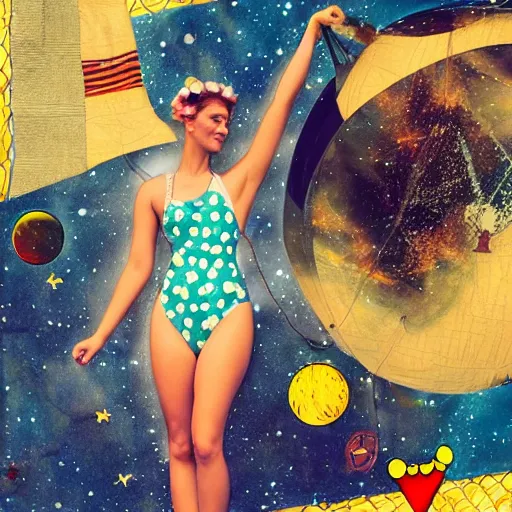 Image similar to vintage inspired, mixed media collage of a swimsuit model in space, full body, trending on art station, highly detailed, excellent composition