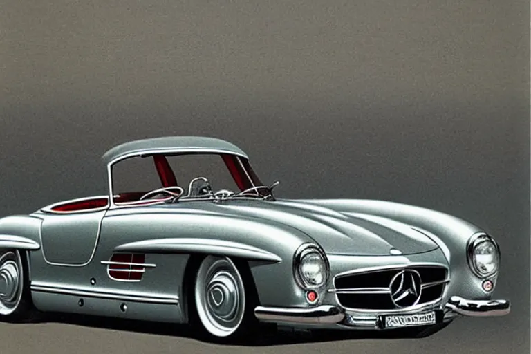 Image similar to intricate, 3 d, 1 9 5 5 mercedes ( ( ( 5 0 0 sl ) ) ), style by caspar david friedrich and wayne barlowe and ted nasmith.