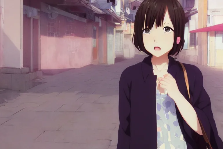 Image similar to anime film still portrait of a young girl wearing cardigan in rual street, cute face by ilya kuvshinov yoshinari yoh makoto shinkai katsura masakazu kyoani, dynamic perspective pose super detailed facial features eyebrowless symmetry, gapmoe yandere grimdark, crisp and sharp cel shade ambient light