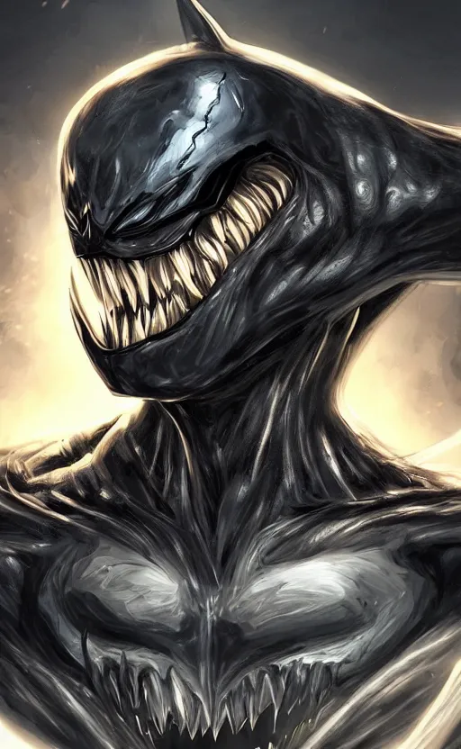 Image similar to venom as batman, dynamic lighting, photorealistic fantasy concept art, trending on art station, stunning visuals, terrifying, creative, cinematic