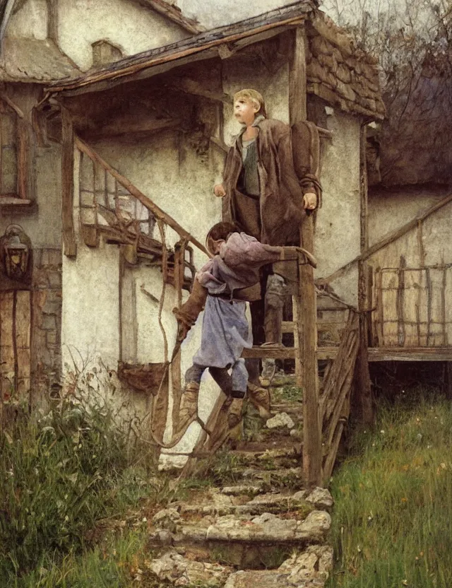 Image similar to peasant boy climbing stairs to the roof of a country house, cottage core, cinematic focus, polaroid photo bleached vintage pastel colors high - key lighting, soft lights, foggy, by steve hanks, by lisa yuskavage, by serov valentin, by tarkovsky, detailed, oil on canvas