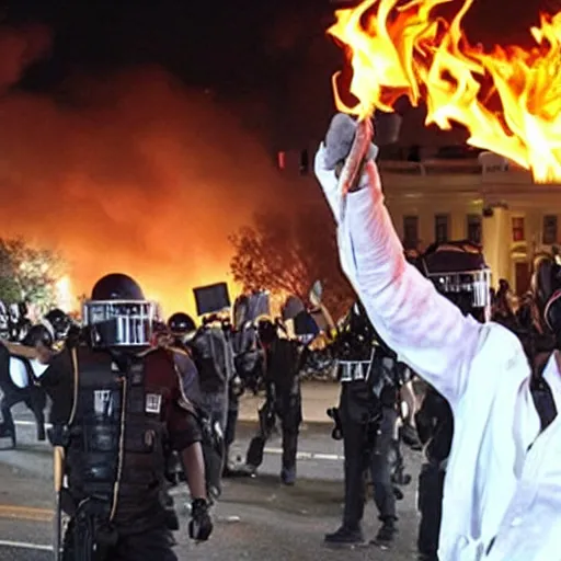 Image similar to a still ofewoks rioting in front of a the white house in washington.!!!, flaming torches and pitchforks