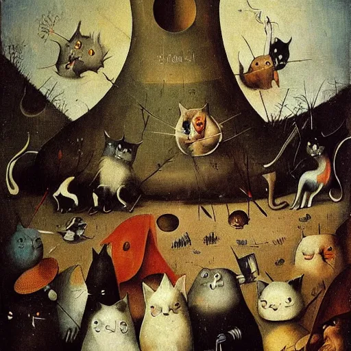 Image similar to a world invaded by cats, hieronymus bosch, very detailed