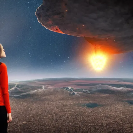 Image similar to a girl on a hill watching a flaming asteroid fall from space, octane render very realistic beatiful