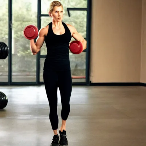 Image similar to muscular Kim Wexler working out in a jim, movie still, photorealistic