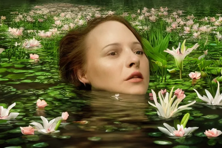 Image similar to hyperrealistic cinematic 3 d portrait of a woman's head and shoulders floating in a pond, surrounded by a forrest of lillies, deep focus, intricate, elegant, highly detailed, matte, sharp focus, by bill henson and gregory crewdson and james jean