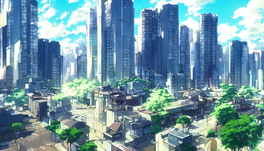 Image similar to cityscape, makoto shinkai style, anime, pixiv fanbox, sunny, blue skies