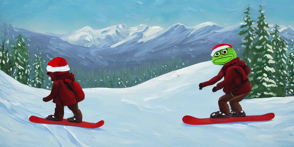 Image similar to pepe the frog snowboarding, gloomy landscape, oil painting by christopher radlund